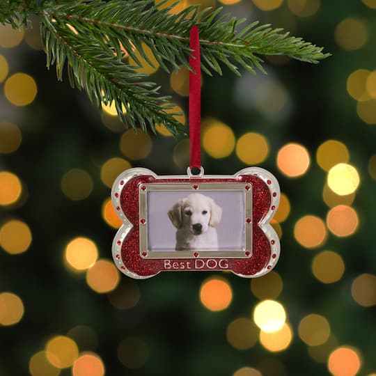 Red & Silver-Plated Best Dog Bone Frame Ornament with European Crystals